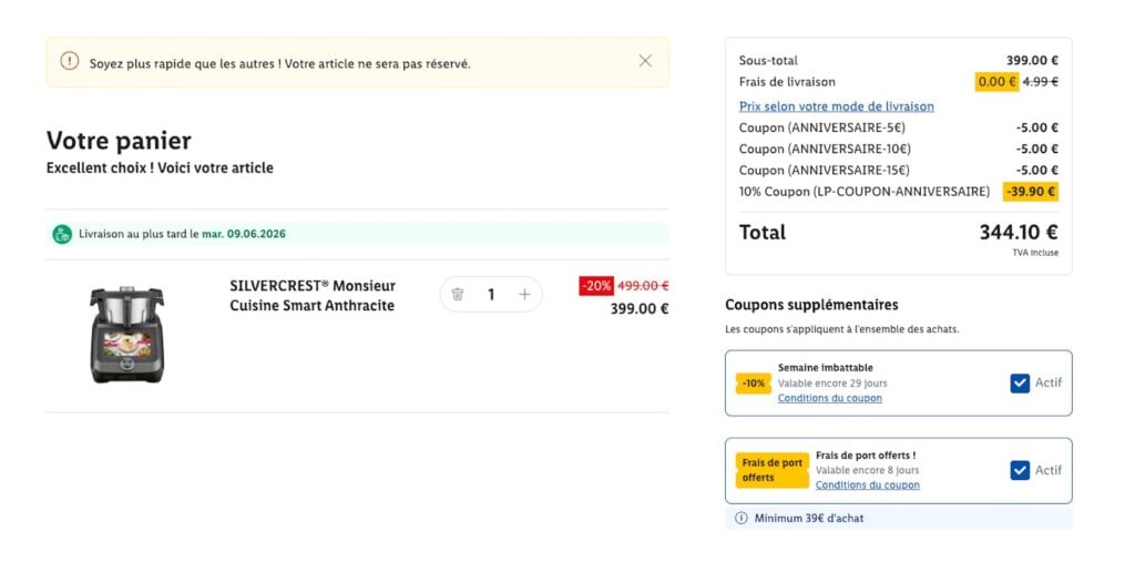 Les différentes promos appliquées dans le panier sur le Monsieur Cuisine Smart de Lidl