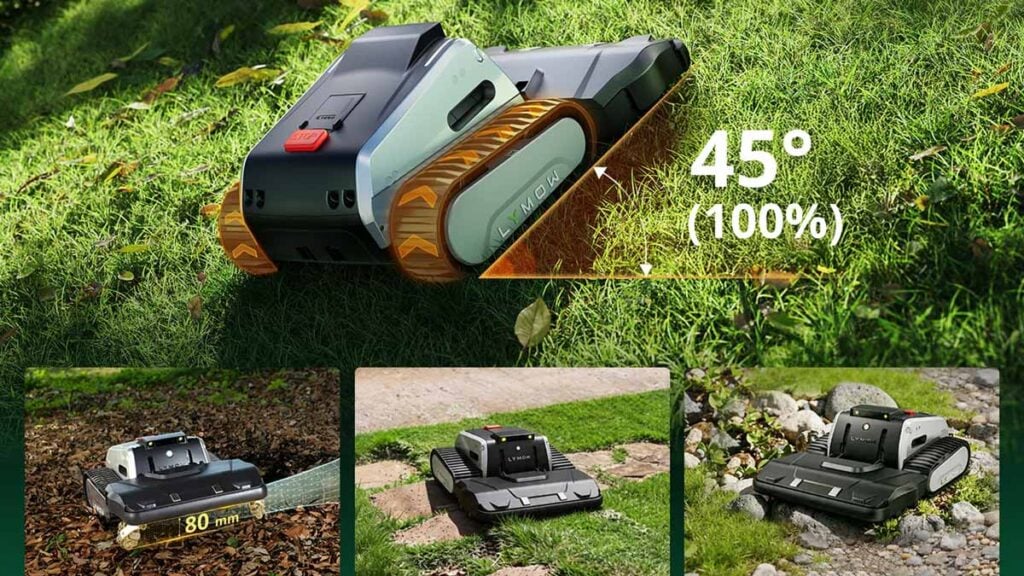 Robot tondeuse Lymow One Plus en train de grimper une pente à 45°.
