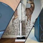 Montage photo des tests LaboMaison avec le robot aspirateur Narwal Flow 2 à gauche, l’aspirateur laveur Rowenta X-Clean 12 au centre et l’airfryer Moulinex Crispy Stack à droite.