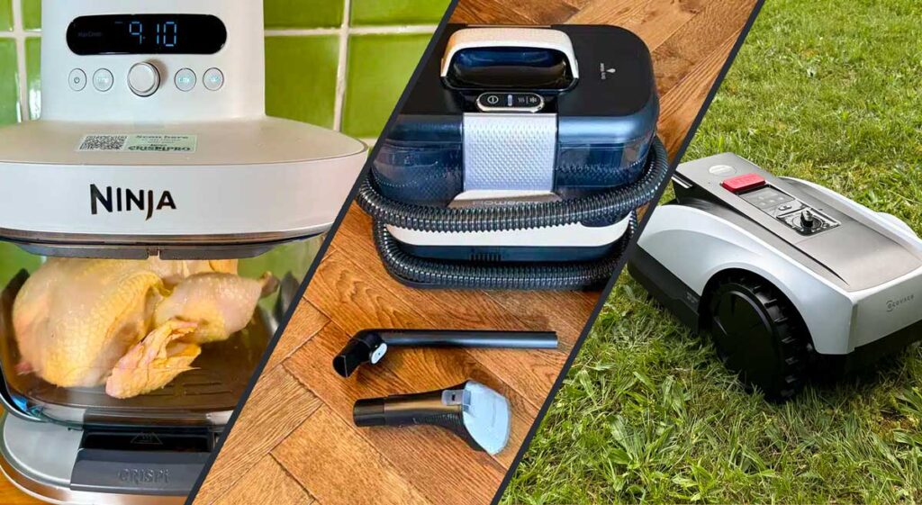 Montage des trois tests de la semaine avec l’airfryer Ninja Crispi Pro, la shampouineuse Rowenta Clean It Hot & Cold et le robot tondeuse Ecovacs Goat O600 RTK