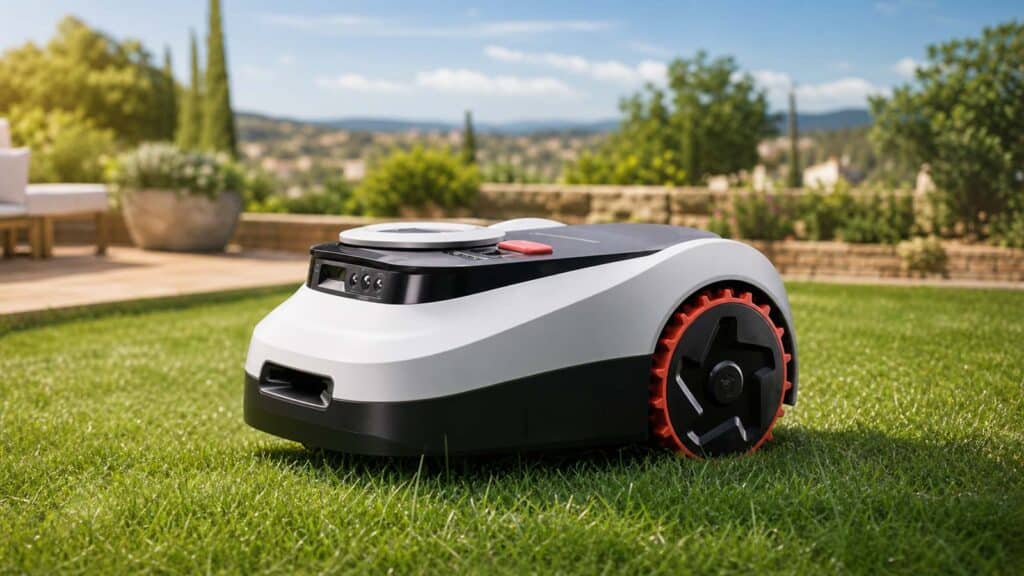 Robot tondeuse sans fil tondant une pelouse verte dans un jardin moderne