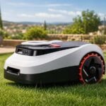 Robot tondeuse sans fil tondant une pelouse verte dans un jardin moderne
