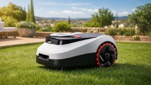 Robot tondeuse sans fil tondant une pelouse verte dans un jardin moderne
