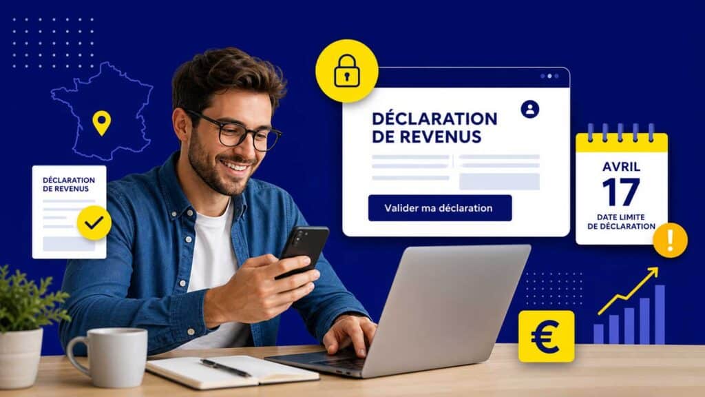Une personne effectuant sa déclaration d'impôts 2026 en ligne sur ordinateur et smartphone