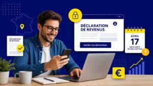 Une personne effectuant sa déclaration d'impôts 2026 en ligne sur ordinateur et smartphone