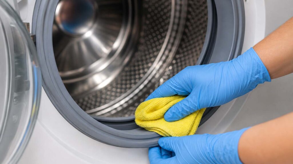 Personne nettoyant le joint d’une machine à laver à hublot avec un chiffon microfibre jaune