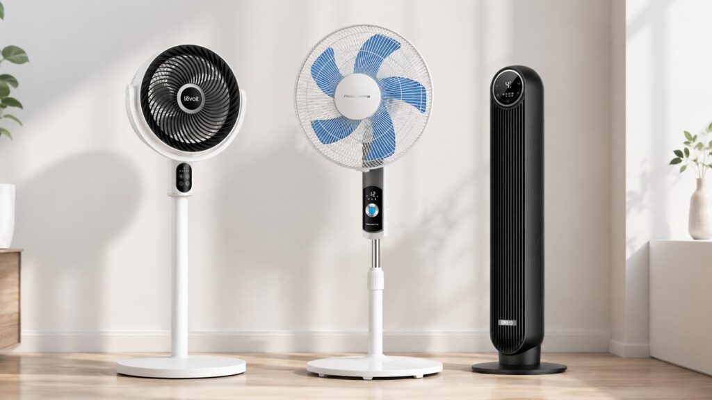 Trois ventilateurs silencieux dans un salon au design épuré, prêts pour rafraîchir la maison pendant la canicule.