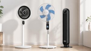 Trois ventilateurs silencieux dans un salon au design épuré, prêts pour rafraîchir la maison pendant la canicule.