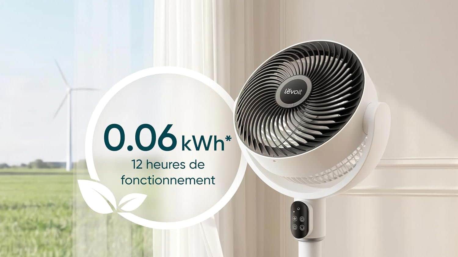 Consommation annoncée de 0,06 kWh sur 12 heures pour le ventilateur Levoit