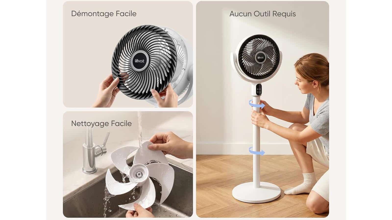 Entretien facilité du ventilateur sur pied Levoit avec pièces amovibles