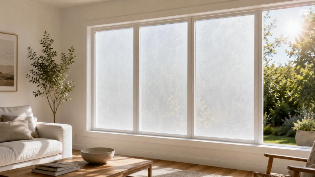 Fenêtre de salon recouverte de Blanc de Meudon pour limiter l’entrée du soleil dans la maison