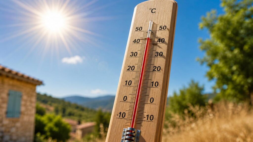 Thermomètre extérieur affichant une forte chaleur en plein soleil
