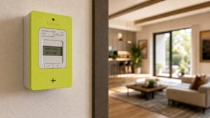 Compteur électrique Linky dans une maison, illustration de la hausse de la part réseau des tarifs de l’électricité au 1er août.