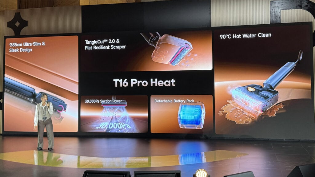 Diapositive dévoilant les caractéristiques du nouvel aspirateur-laveur Dreame T16 Pro Heat : lavage à l'eau chaude à 90°C, design ultra-fin et batterie détachable.