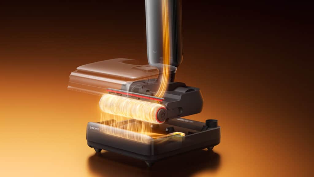 Dreame T16 Pro Heat sur sa base avec autonettoyage du rouleau