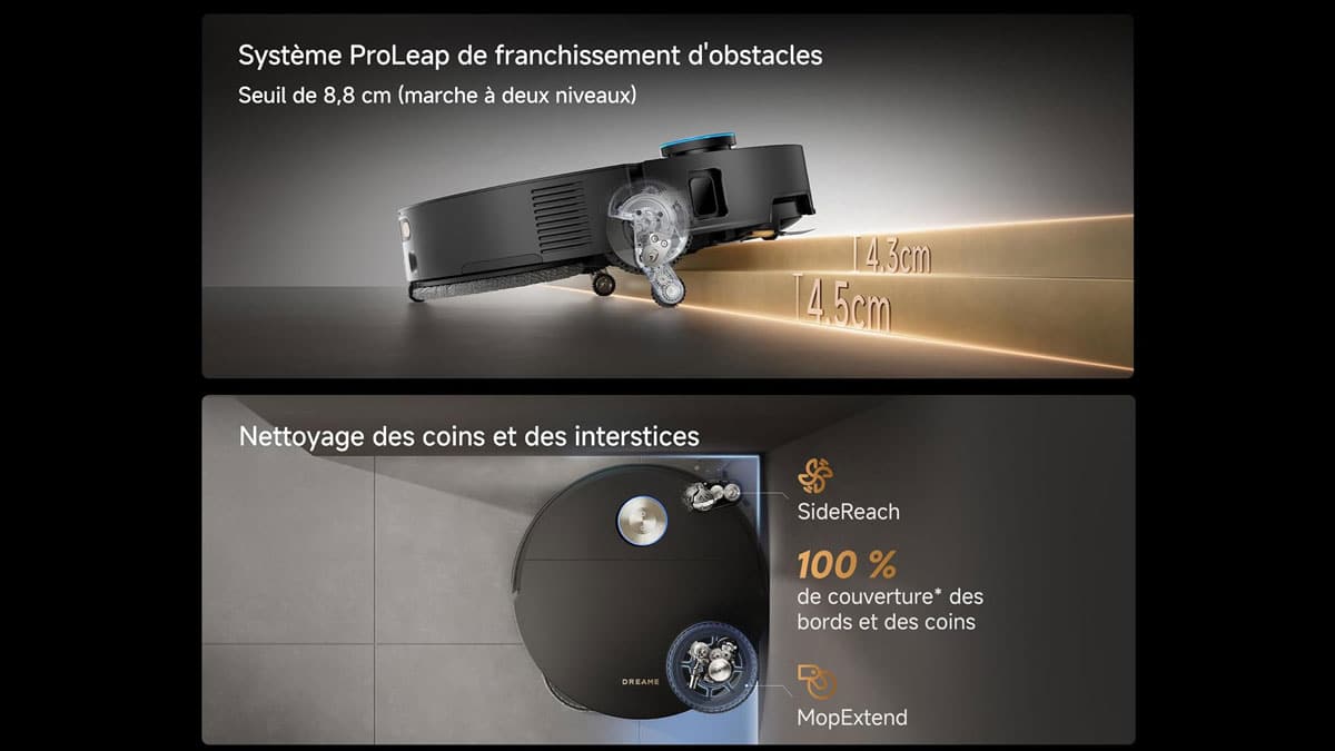 Dreame X50s Ultra franchissant un seuil et nettoyant les coins