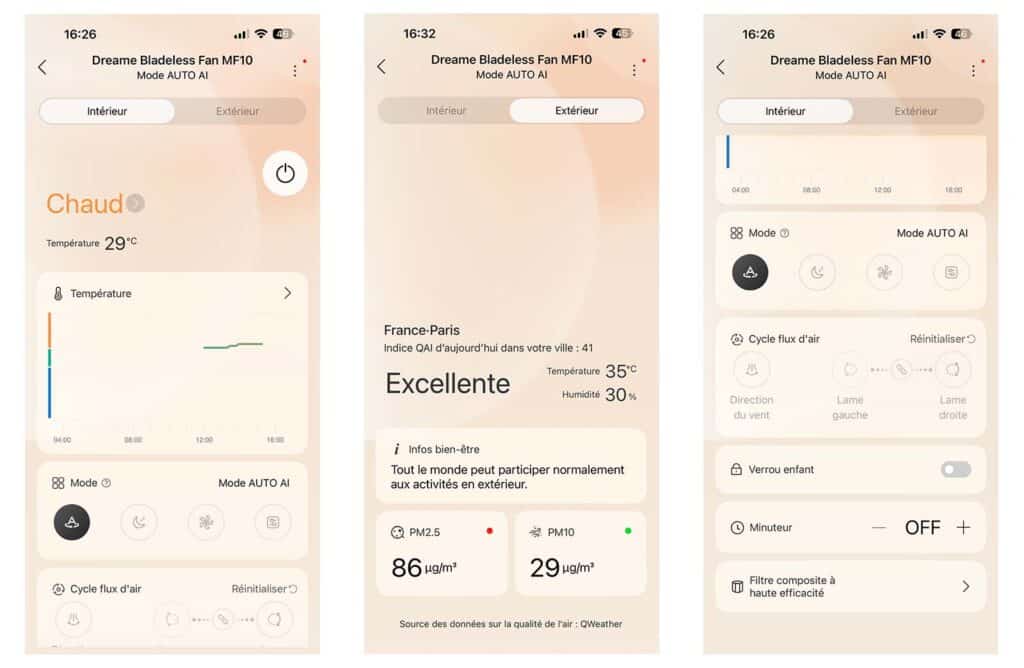 L'app Dreamehome, interface de contrôle du MF10 © Labo Maison