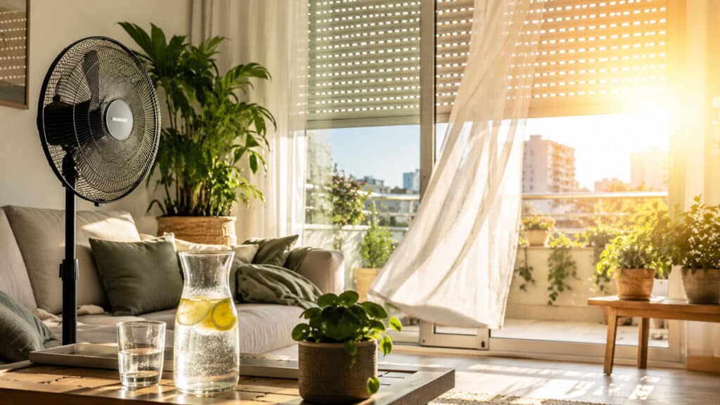 Salon lumineux avec ventilateur, plantes et volet entrouvert pour garder la maison fraîche en été