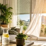 Salon lumineux avec ventilateur, plantes et volet entrouvert pour garder la maison fraîche en été