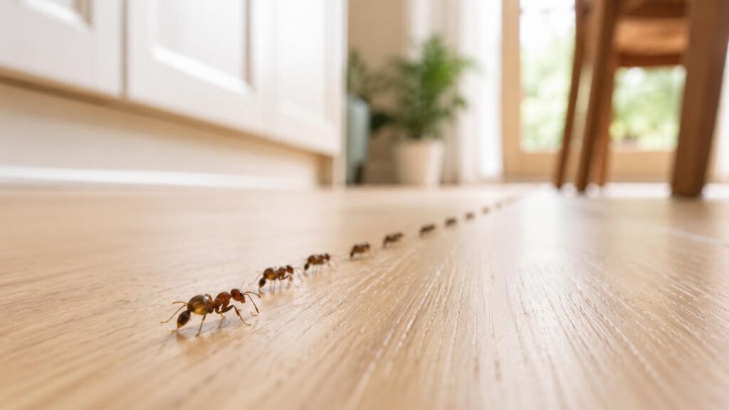 File de fourmis traversant le parquet d’une cuisine lumineuse