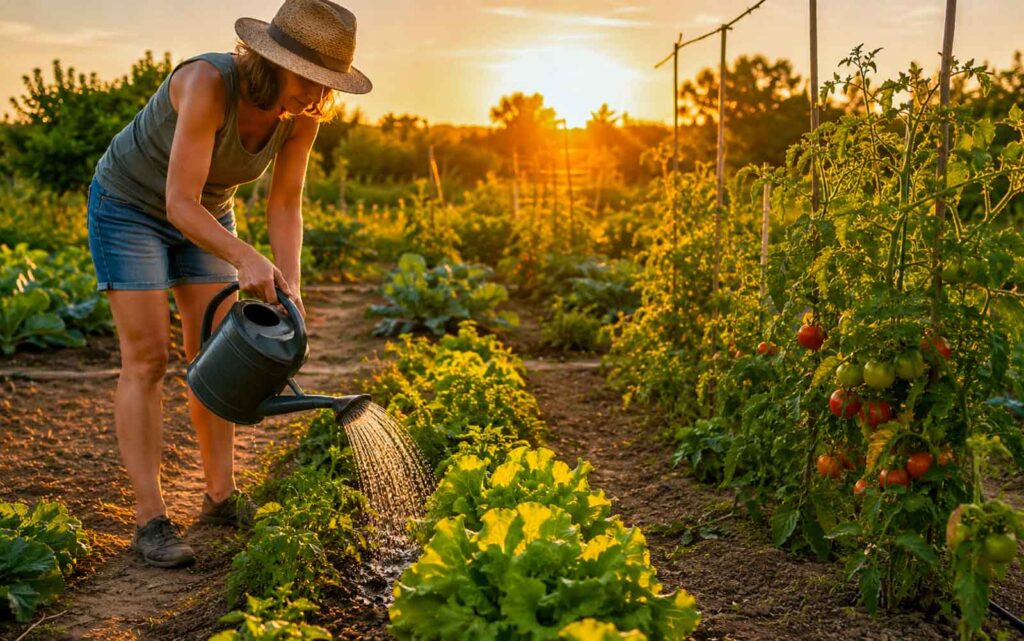 Arroser son jardin efficacement pendant la canicule. Image générée par ChatGPT