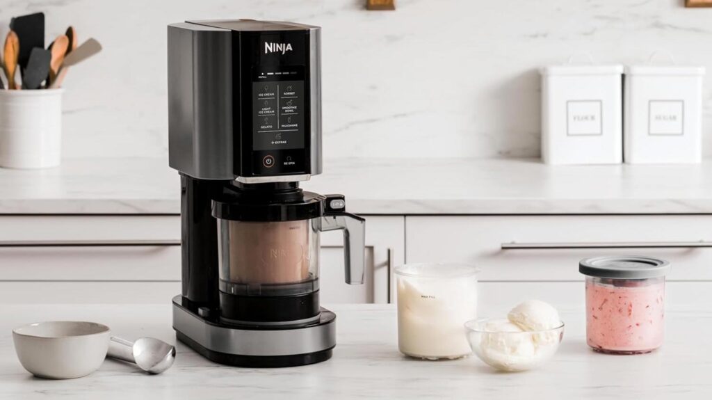 Ninja CREAMi NC300EU sur un plan de travail avec desserts glacés maison