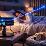 Boîtier anti-moustiques intelligent Photon Matrix posé sur une table de nuit, tirant un laser bleu sur un moustique pendant qu'une femme et son chien dorment en sécurité.