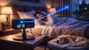 Boîtier anti-moustiques intelligent Photon Matrix posé sur une table de nuit, tirant un laser bleu sur un moustique pendant qu'une femme et son chien dorment en sécurité.