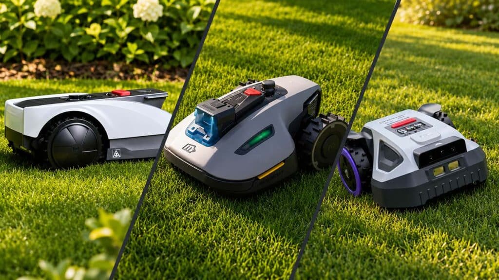 Trois robots tondeuses sans fil Ecovacs, Mammotion et Anthbot