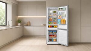 Réfrigérateur combiné Valberg CNF 310 C S625C ouvert dans une cuisine moderne