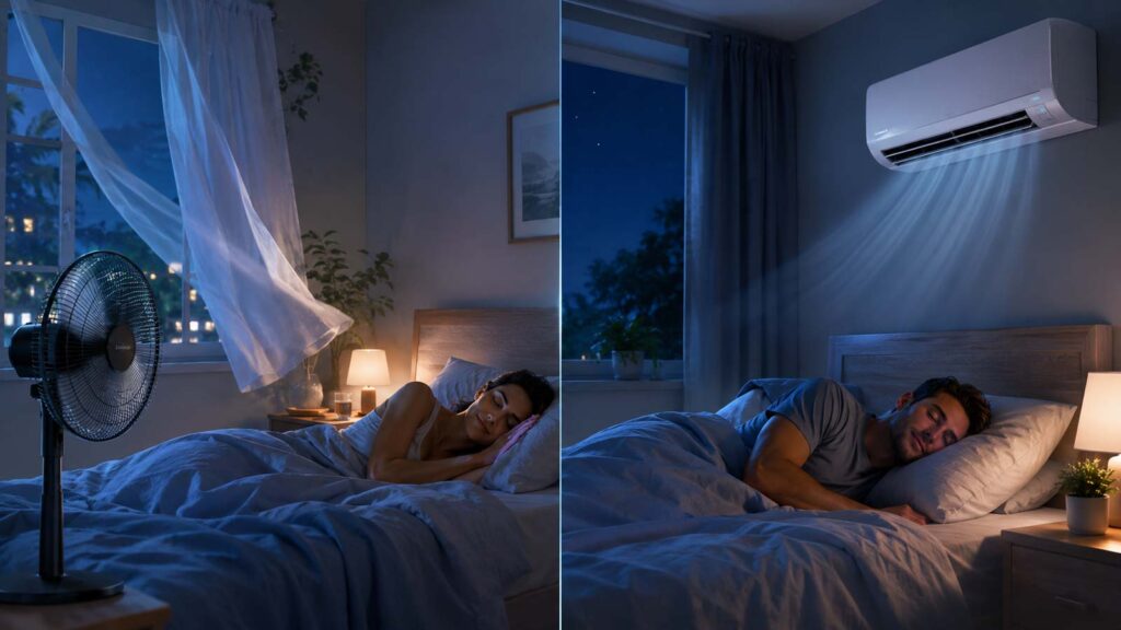 Chambre de nuit avec ventilateur et climatisation en image scindée