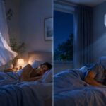 Chambre de nuit avec ventilateur et climatisation en image scindée