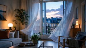 Fenêtre ouverte dans un salon pour faire entrer l’air frais après la canicule.