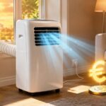 Climatiseur mobile dans un salon avec symbole euro.