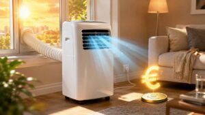 Climatiseur mobile dans un salon avec symbole euro.