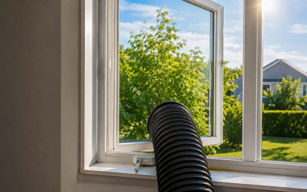Gaine d’évacuation d’un climatiseur mobile passée par une fenêtre entrouverte