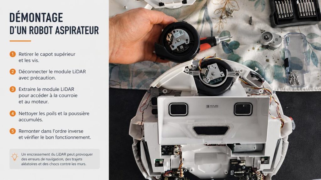 Robot aspirateur démonté pour accéder au module LiDAR