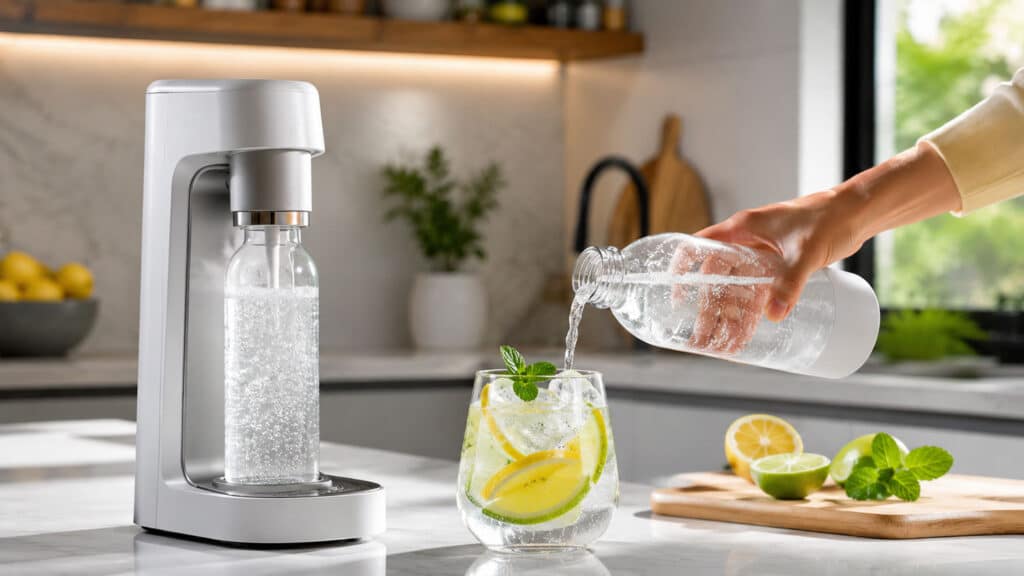 Machine à soda sur un plan de travail, avec eau pétillante versée dans un verre garni de citron et de citron vert