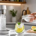Machine à soda sur un plan de travail, avec eau pétillante versée dans un verre garni de citron et de citron vert