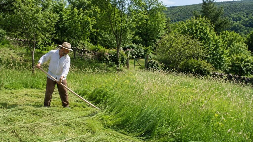 Un homme coupe les hautes herbes avec une faux dans une prairie