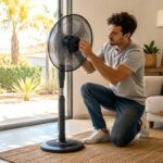 Ventilateur sur pied silencieux rafraîchissant un salon lumineux pendant la canicule estivale
