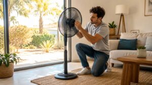 Ventilateur sur pied silencieux rafraîchissant un salon lumineux pendant la canicule estivale