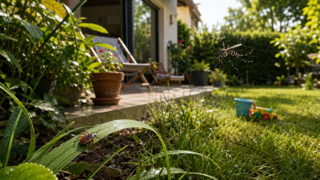 Tique et moustique dans un jardin en été