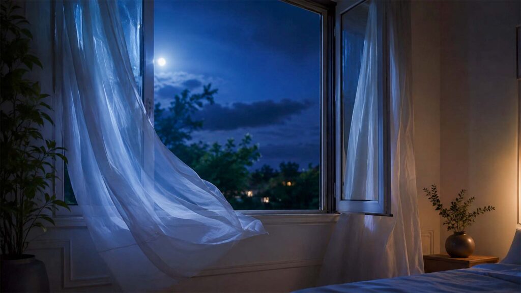 Aération nocturne : fenêtre ouverte pour tenter de rafraîchir une chambre.