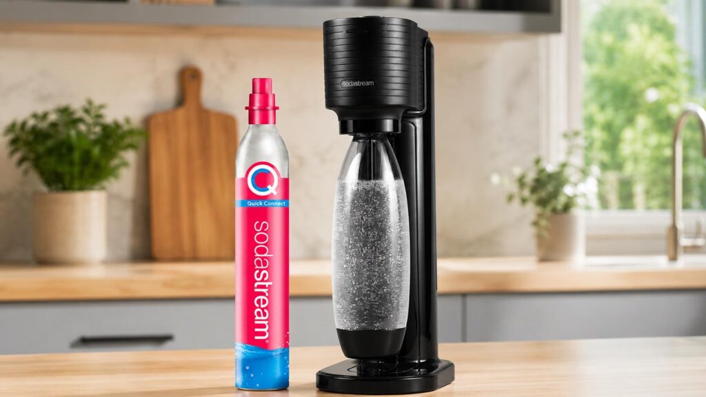 Pack SodaStream Gaia avec machine noire, bouteille de gazéification et cylindre CO2 Quick Connect