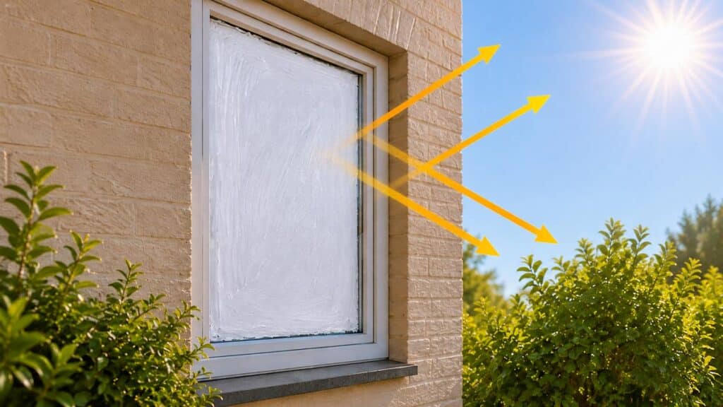 Fenêtre recouverte de Blanc de Meudon avec réflexion des rayons du soleil