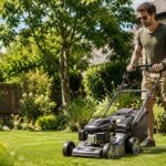 Un homme tond une pelouse avec une tondeuse thermique dans un jardin résidentiel en été
