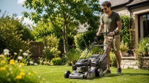 Un homme tond une pelouse avec une tondeuse thermique dans un jardin résidentiel en été