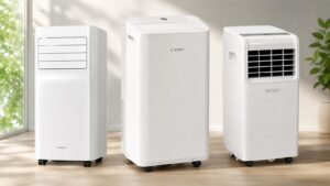 Trois climatiseurs mobiles Bosch, Kumtel et Olimpia Splendid alignés dans salon