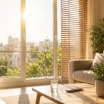 Salon baigné de soleil avec ventilateur pendant une forte chaleur